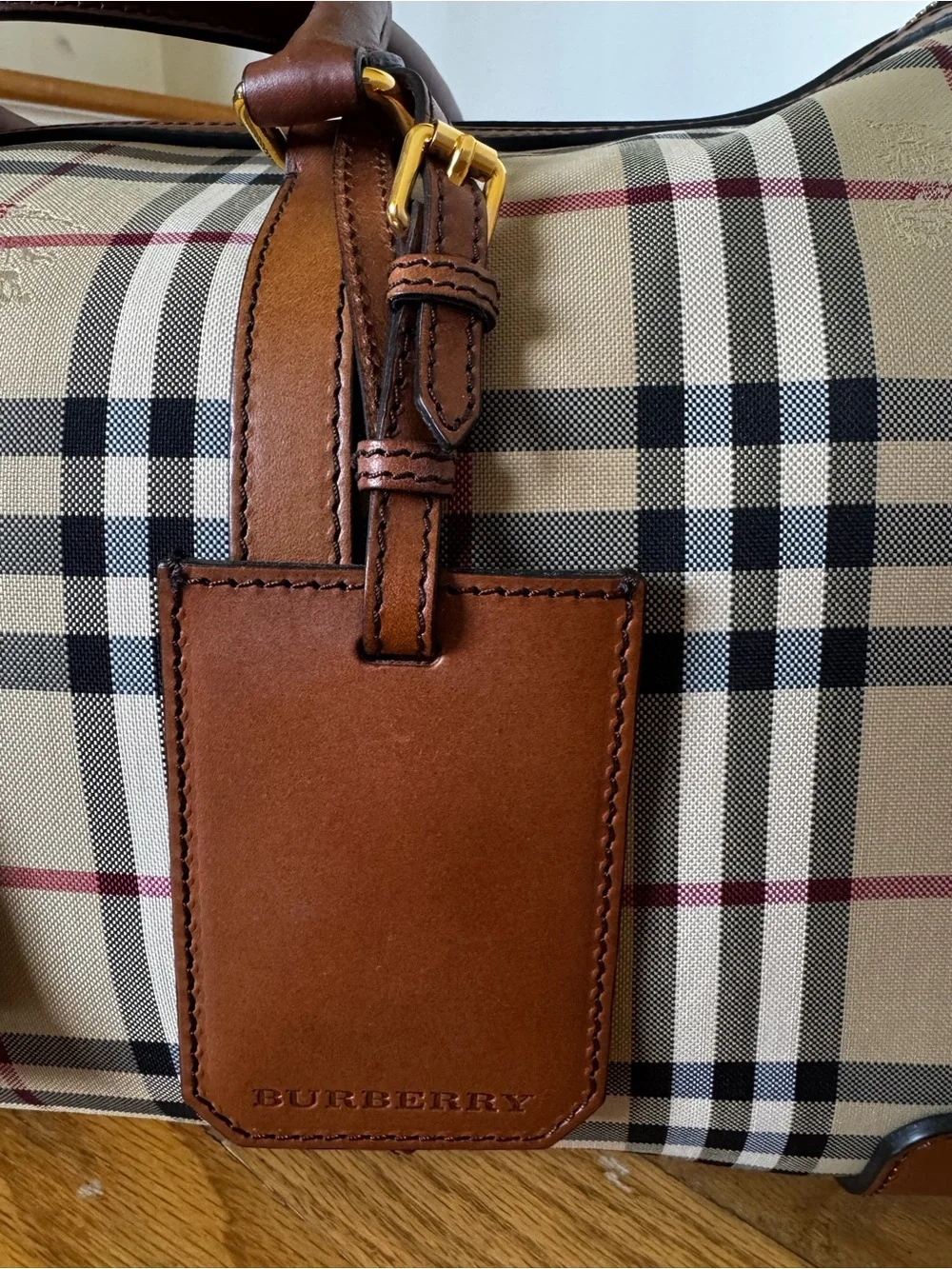 Burberry Beige Vintage Check Large Duffel with Brown Leather Trim